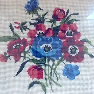 Vintage Needlepoint Red and Blue Floral Framed Needlepoint Art